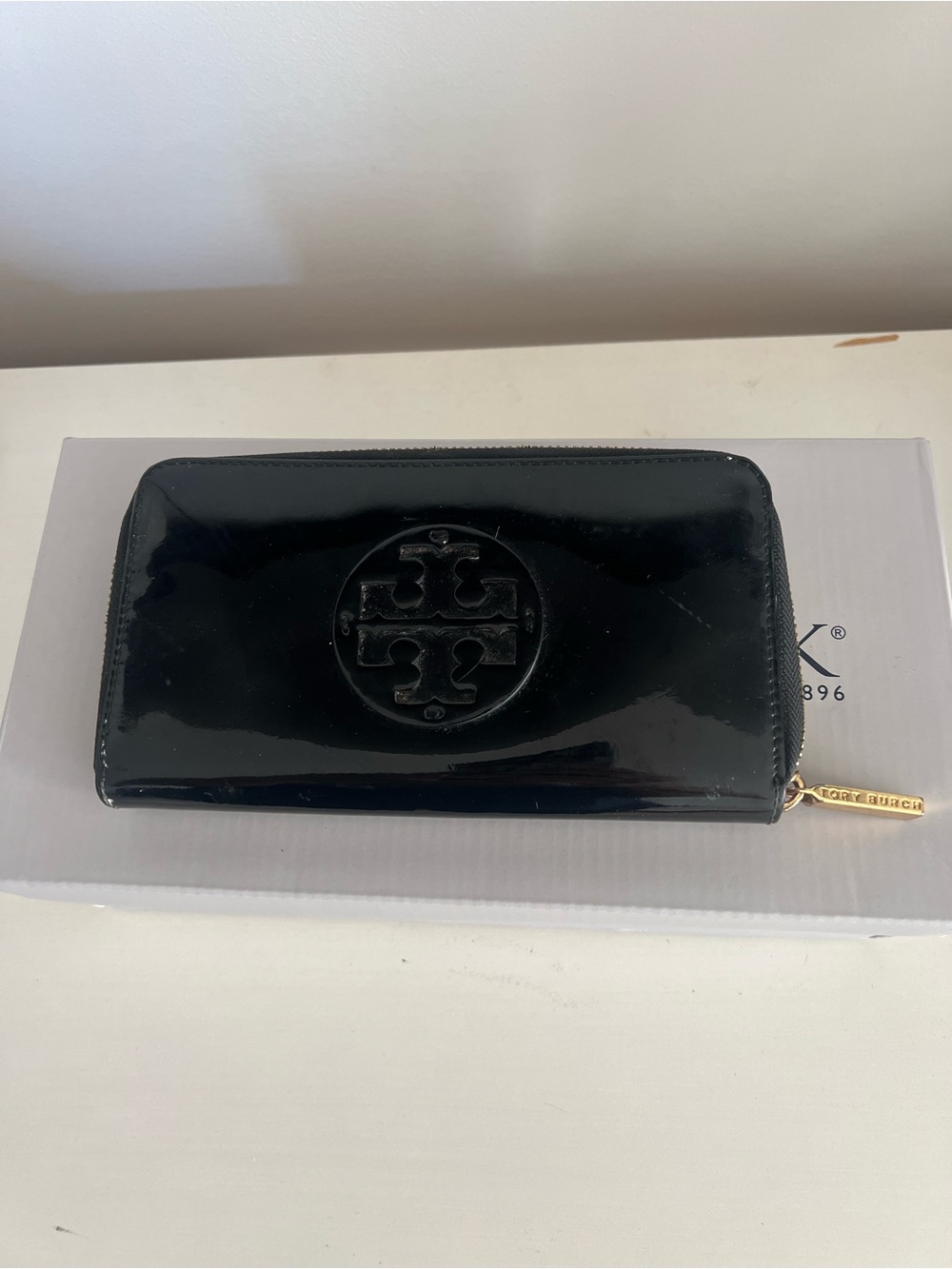 Tory Burch Shiny Black Patent Zip-Around Wallet with Gold Hardware
